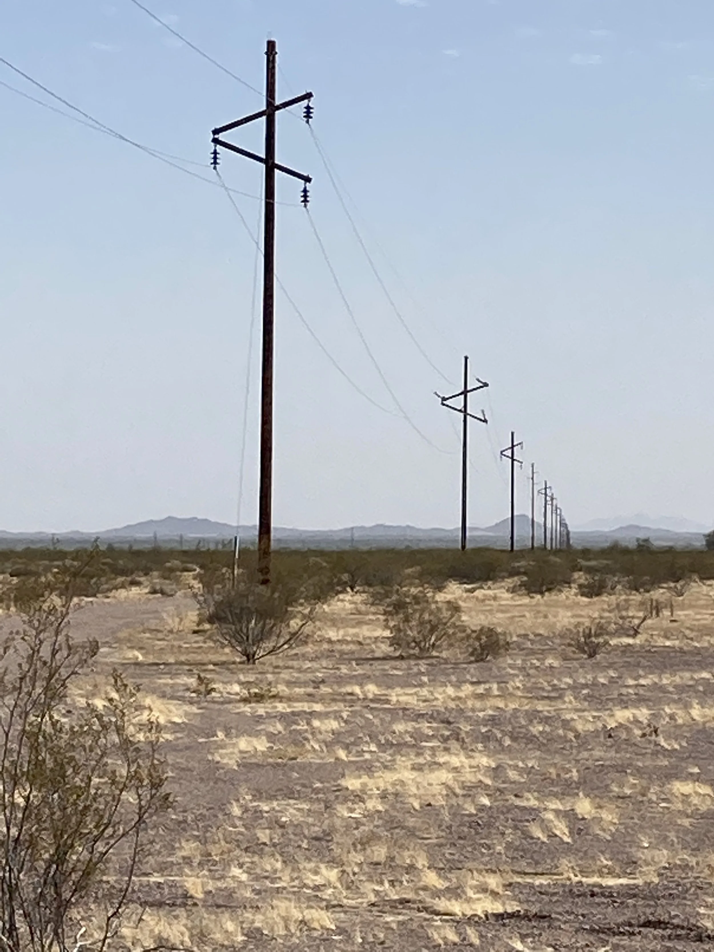 A row of utility poles with power lines running along the north border of the property.