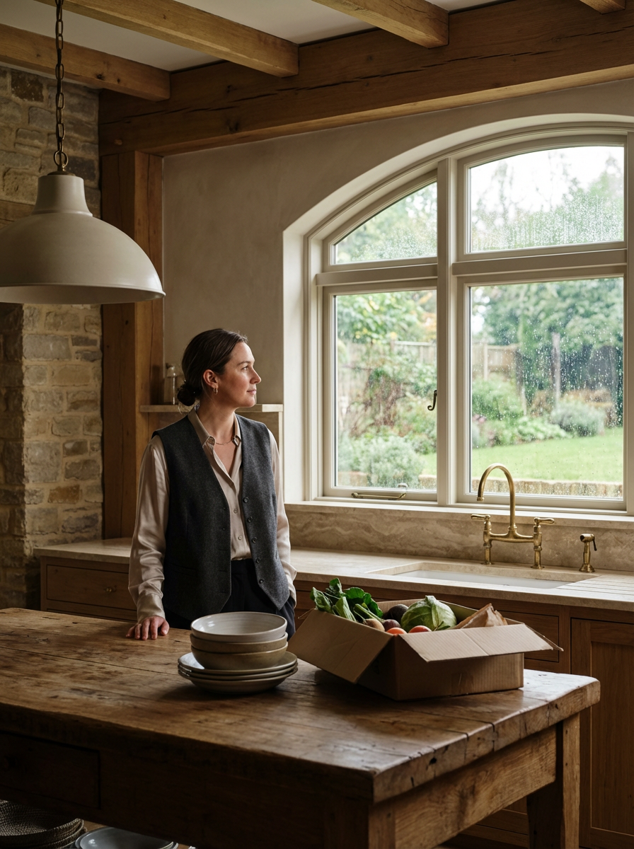 A woman standing in a rustic kitchen looking out the window. The kitchen has a large window, wooden beams, and a stone wall. There is a wooden table with stacked bowls and a box of fresh vegetables.
