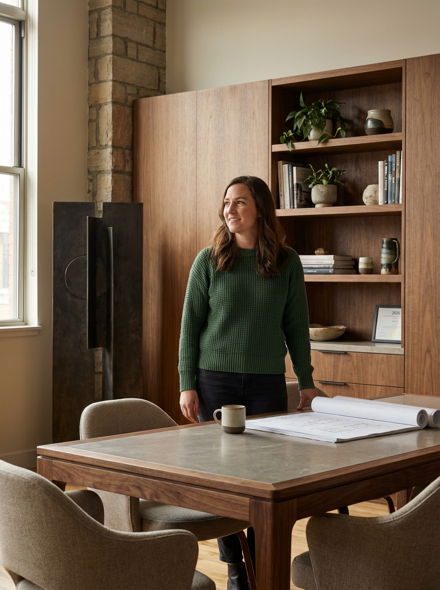 A woman in a green sweater standing in a conference room, looking out the window with a smile. There is a wooden table with rolled-up blueprints and a mug. Behind her, there are built-in wooden shelves with books, plants, and decorative items.