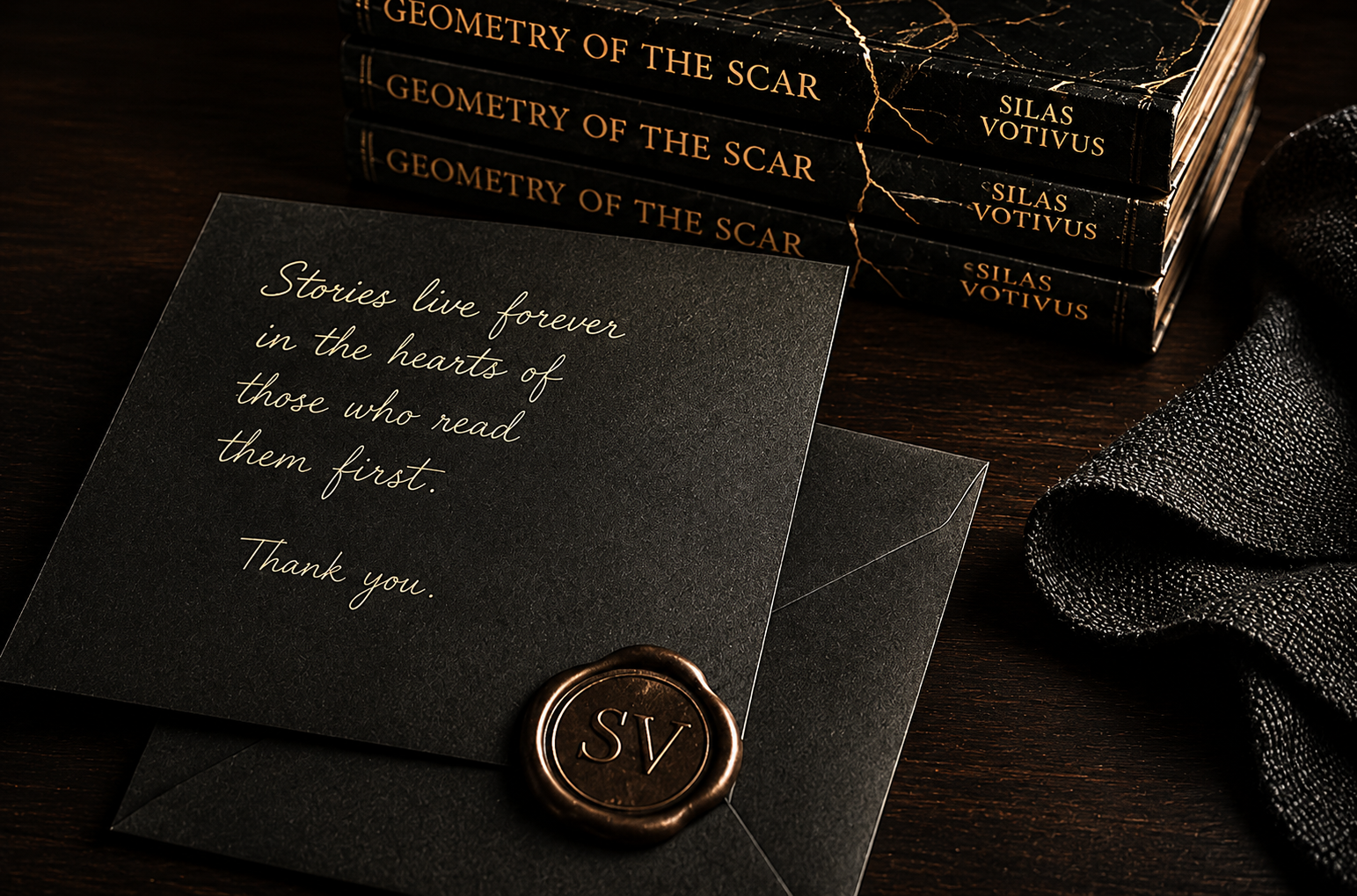 A black greeting card with elegant cursive writing that says, 'Stories live forever in the hearts of those who read them first. Thank you.' The card is sealed with a gold wax seal engraved with the initials 'SV.' Behind the card, there are three stacked hardcover books titled 'Geometry of the Scar' by Silas Votivus with black and gold marbled covers. To the right, there is a textured, dark fabric cloth on a wooden surface.