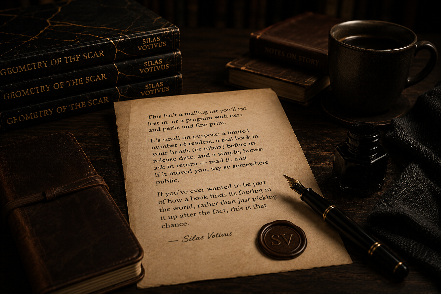 A vintage desk with a fountain pen, ink bottle, a letter, a stack of books titled 'Geometry of the Scar,' a mug of coffee, a closed notebook, and a scarf.