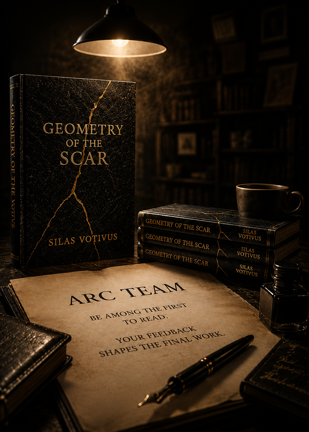 A dimly lit workspace with a book titled 'Geometry of the Scar' by Silas Votivus, three copies of the same book stacked, a cup, a quill pen, and a sheet of paper with an ARC team message about feedback and shaping the final work. The background has shelves with books and framed pictures.