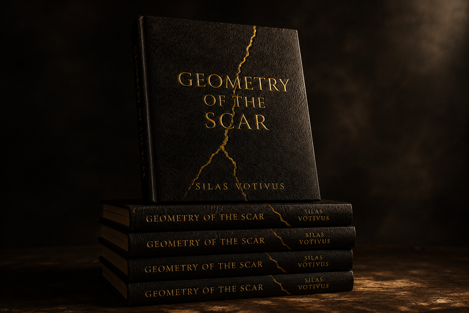 A black hardcover book titled 'Geometry of the Scar' by Silas Votivus standing upright against a dark background, with four more copies stacked horizontally below it.