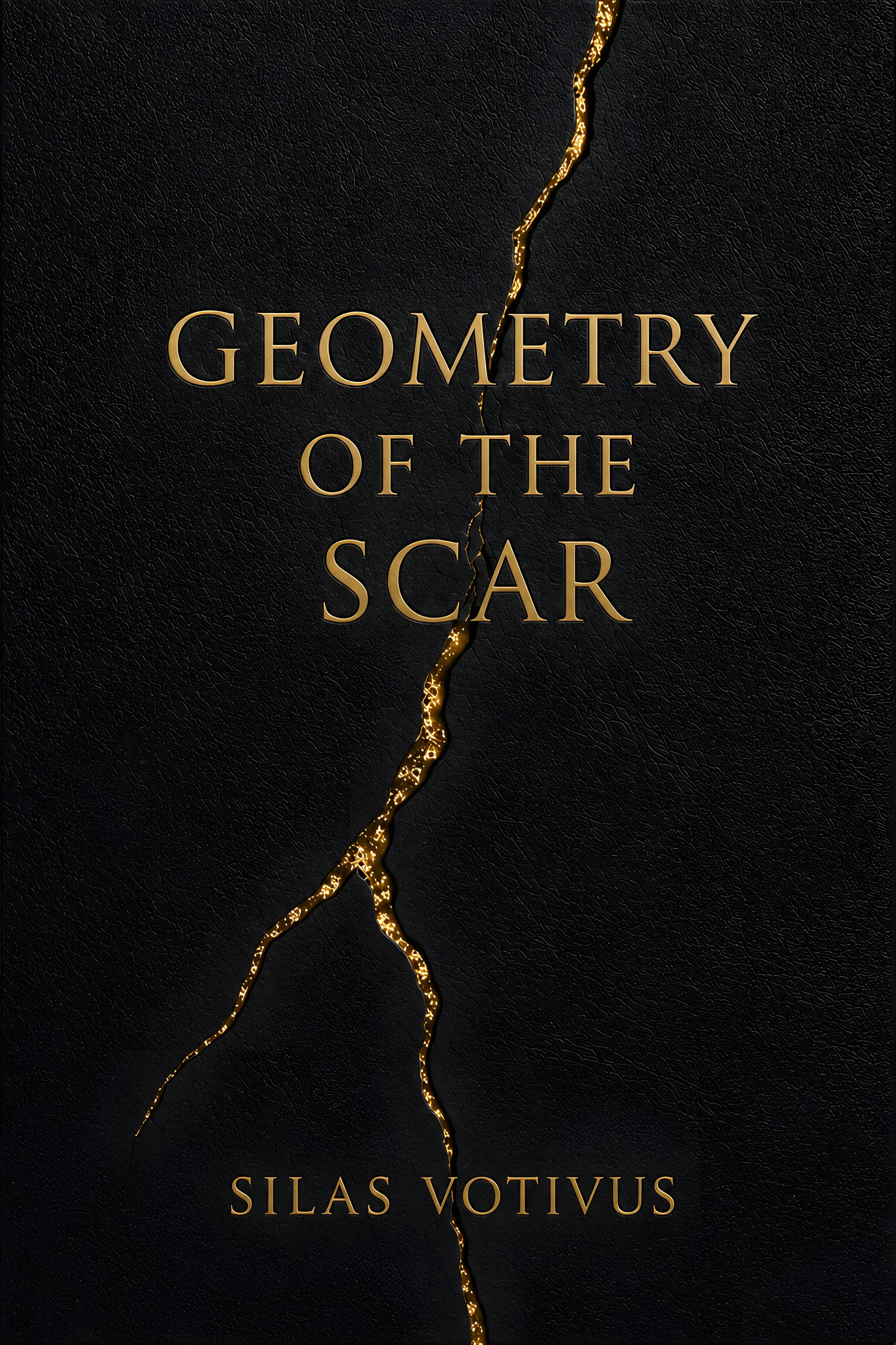 Black background with gold crack running vertically down the center. The text says 'GEOMETRY OF THE SCAR' at the top and 'SILAS VOTIVUS' at the bottom, both in gold stylized font.