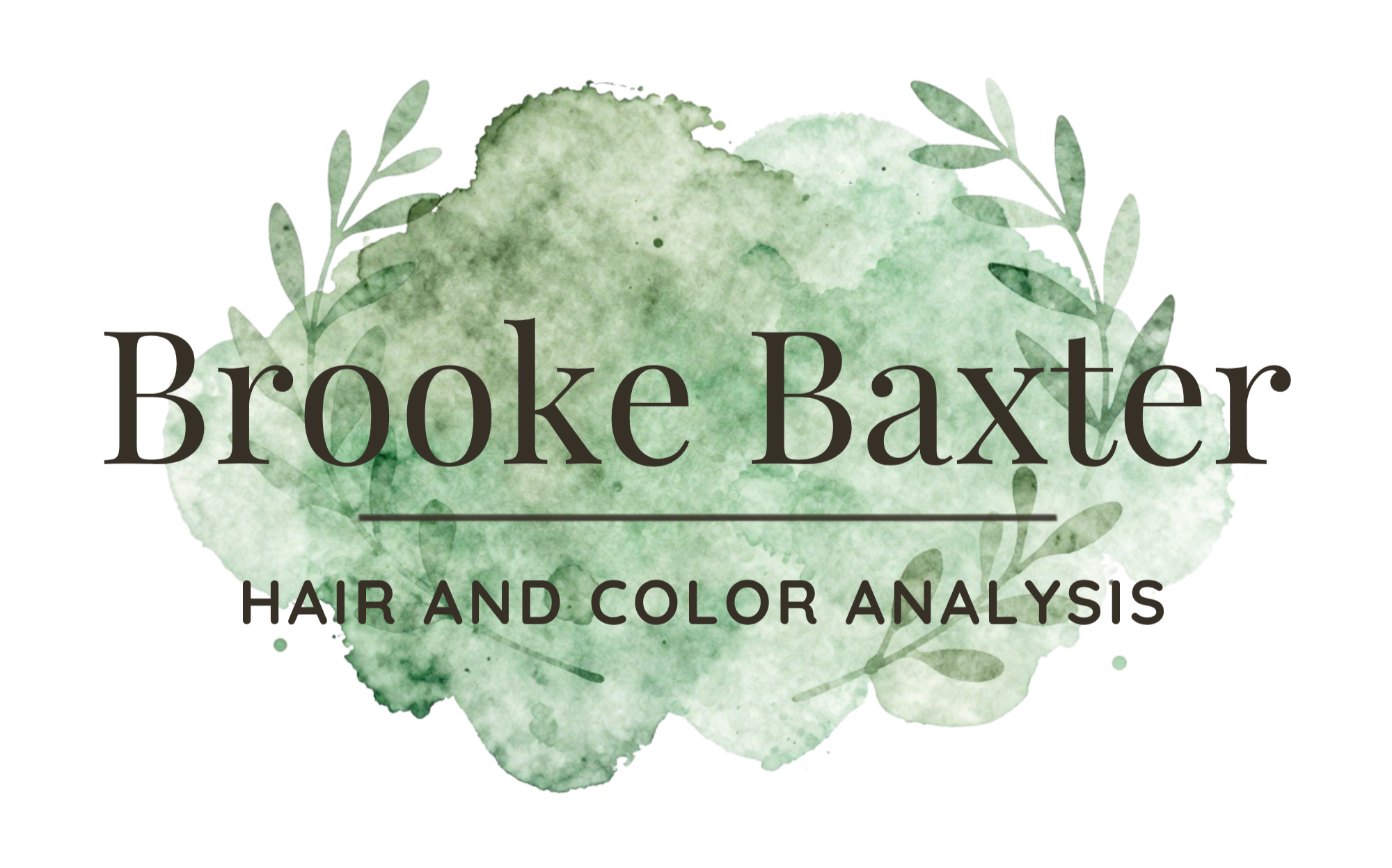 Logo for Broke Baxter Hair and Color Analysis featuring a watercolor green circle with gray text and leafy accents. Brooke Baxter is located in Columbia Maryland and specializes in Color Analysis as well as precision hair cutting.