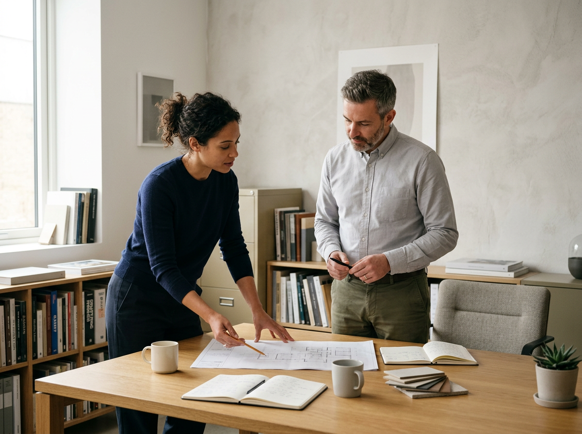 Two people in an office discussing office consulting HR and safety compliance strategy and workplace personnel management.