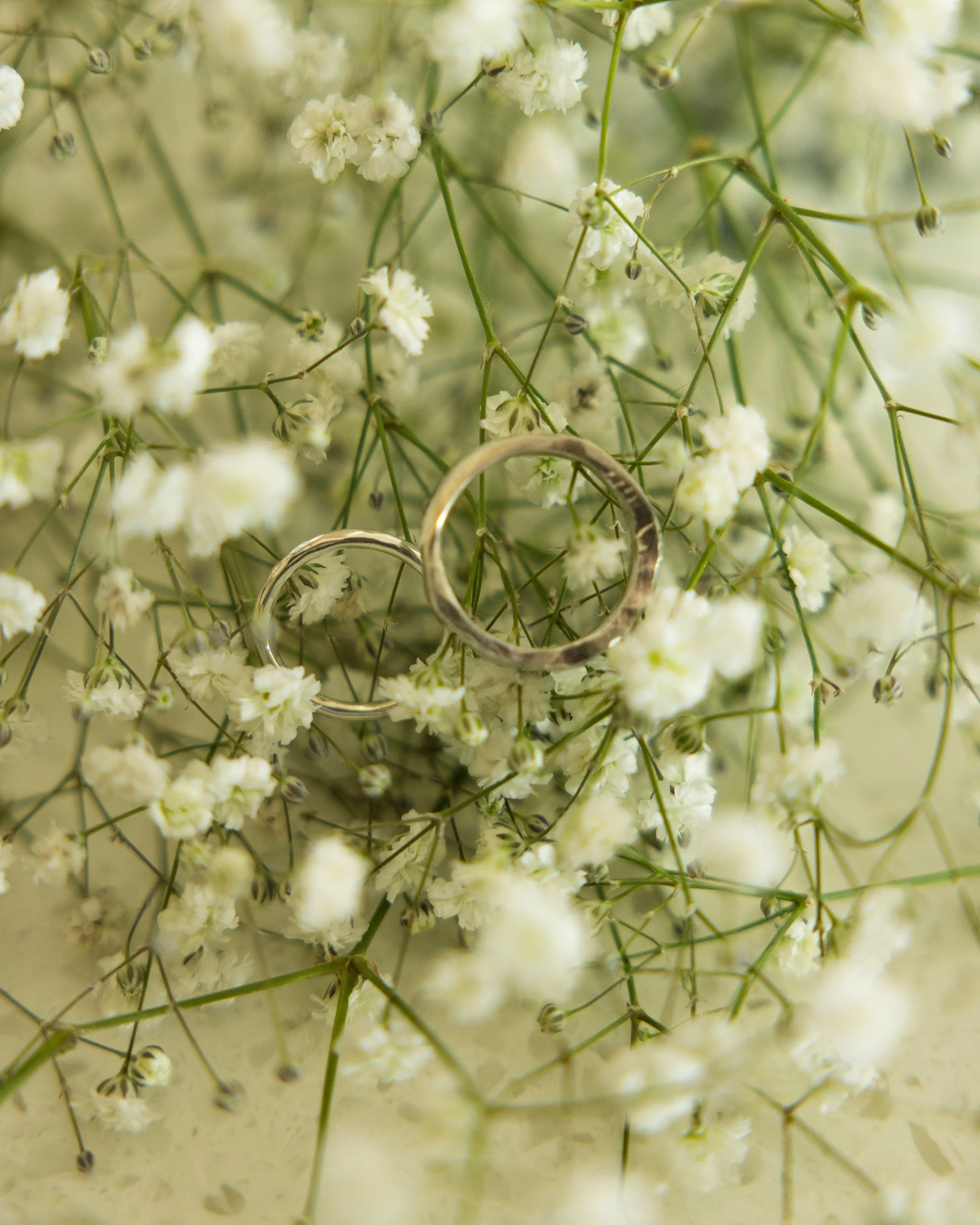 Two intertwined wedding rings placed on small white flowers with green stems and buds, in a close-up shot.