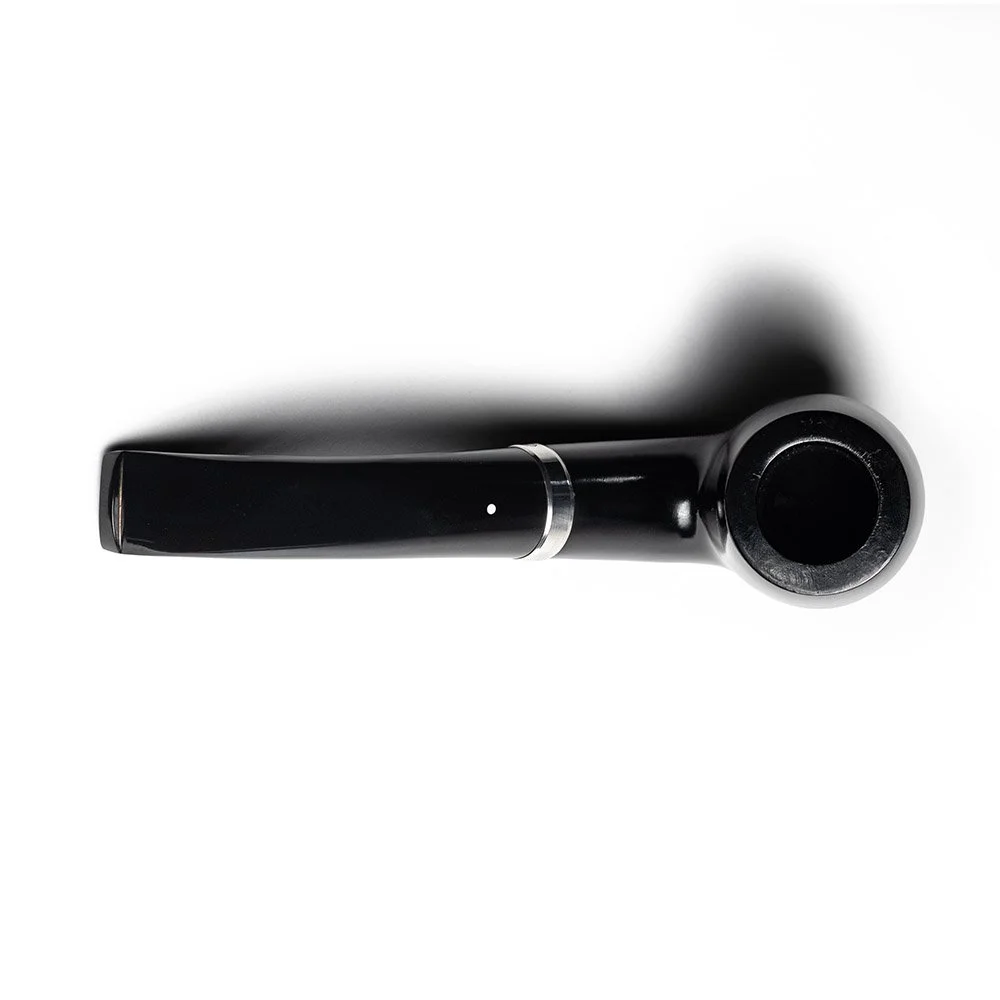 Black smoking pipe with glossy finish on a white background.