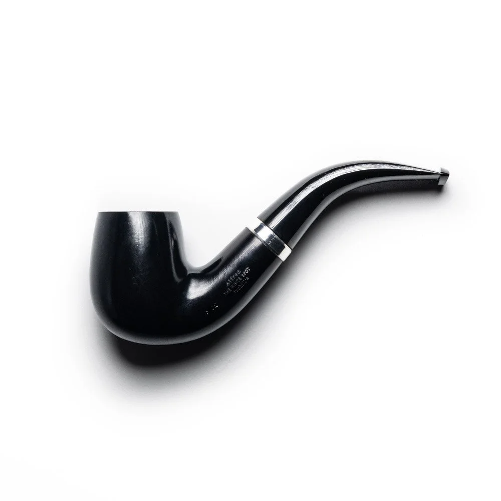 Close-up image of a black smoking pipe on a white background.