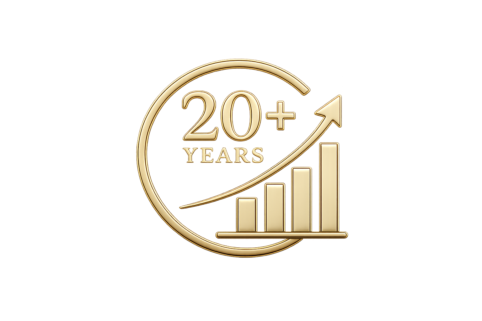 A gold coin with the text '20+ Years' and an upward trending bar graph, symbolizing over 20 years of growth or experience.