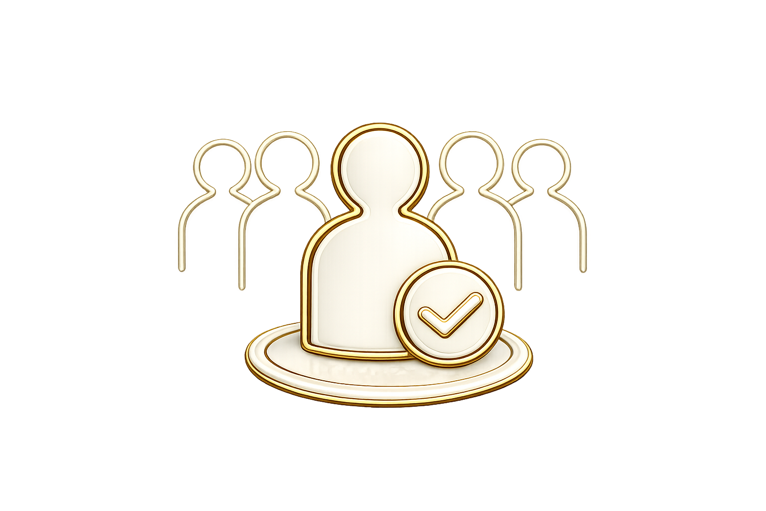 A stylized gold and white icon of a group of people with a larger person in front, and a checkmark in a circle in front of the larger figure.