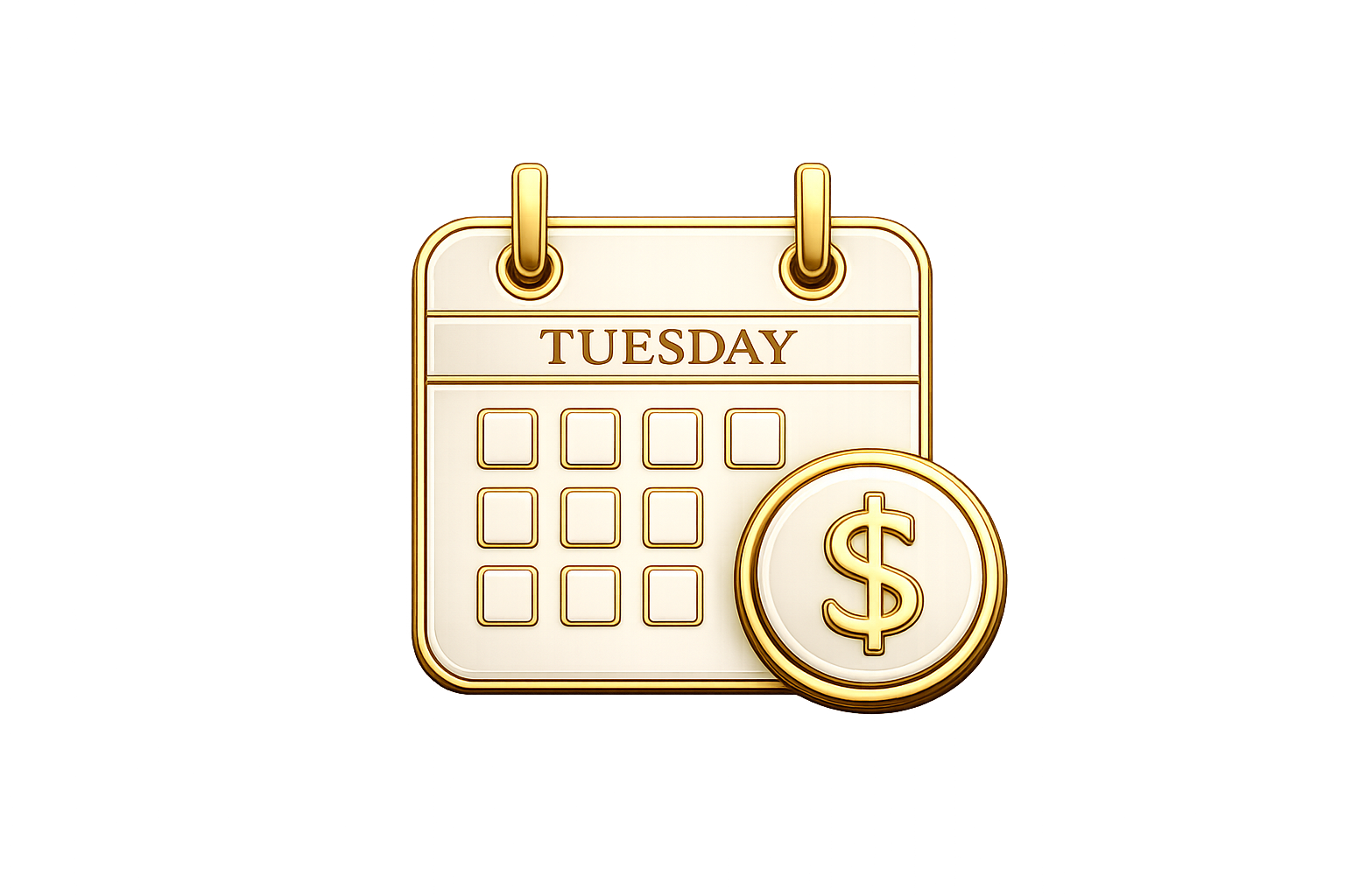 A digital icon of a calendar showing Tuesday with a dollar sign coin in front of it.