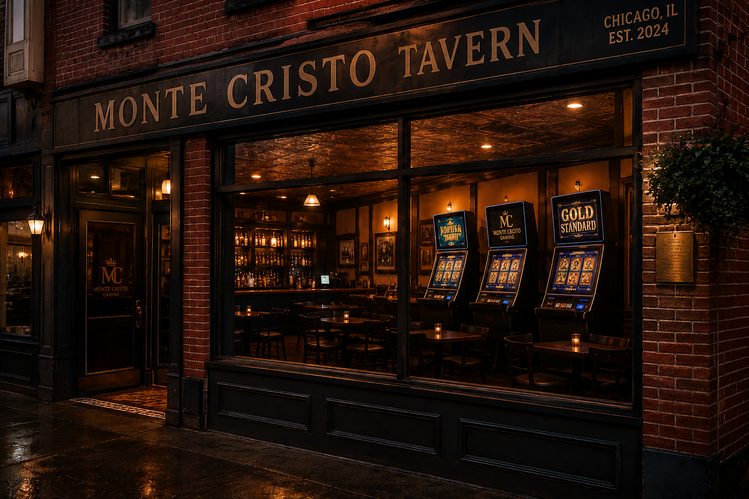 Exterior view of Monte Cristo Tavern, a bar in Chicago established in 2024, with large front window showing inside seating, bar area, and slot machines through the glass.