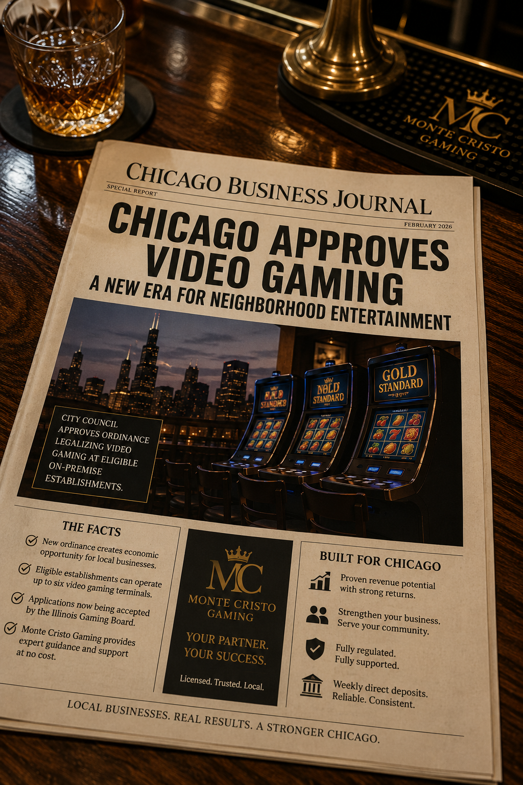 Front page of the Chicago Business Journal with a headline 'Chicago Approves Video Gaming' about new regulations for neighborhood entertainment, a photo of cityscape, and images of slot machines.
