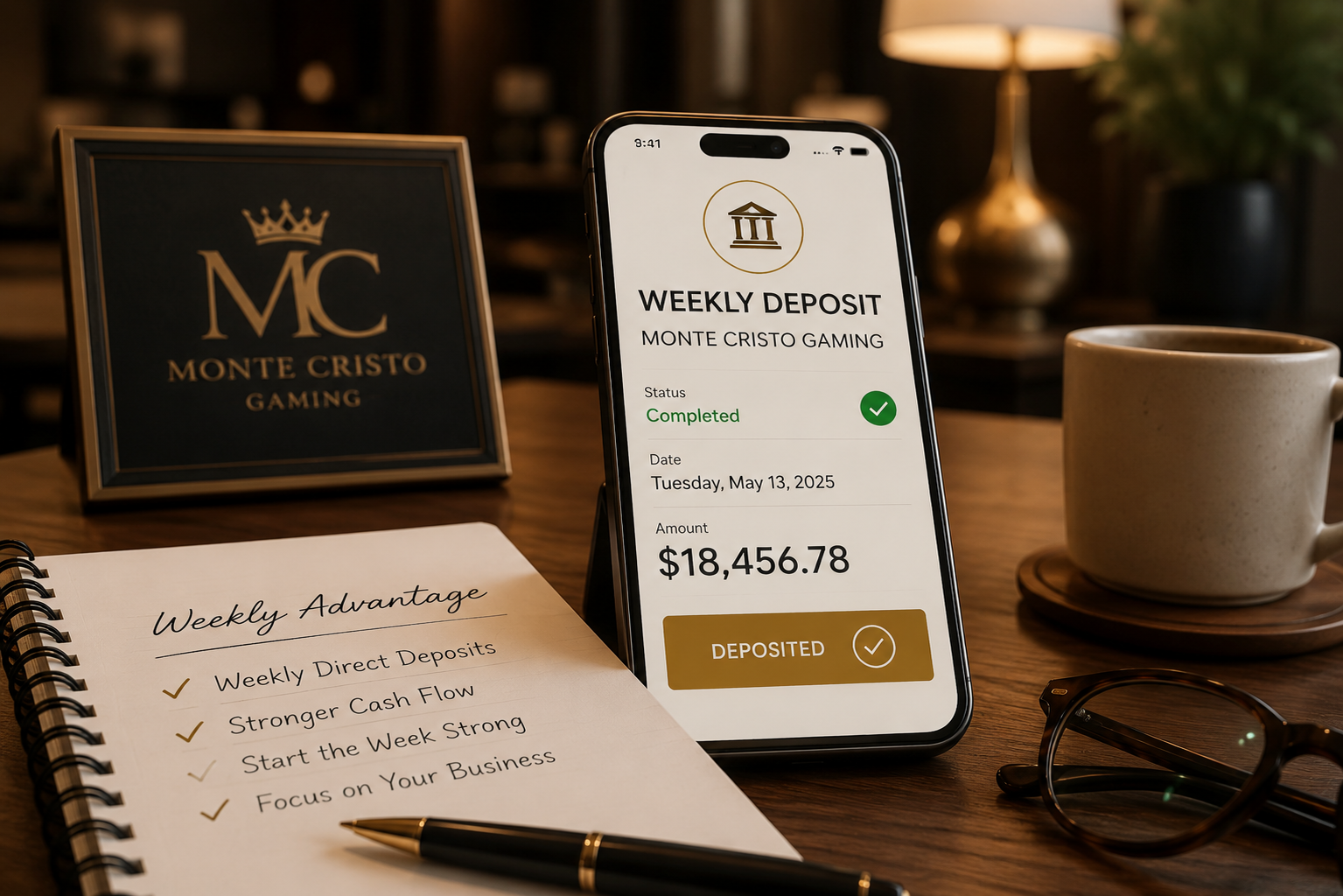 Mobile phone displaying a weekly deposit summary for Monte Cristo Gaming with a completed status and an amount of $18,456.78 on a wooden desk. Nearby are a notebook titled 'Weekly Advantage' with tips, a pen, a cup of coffee on a coaster, sunglasses, and a sign with the Monte Cristo Gaming logo in a decorative frame.
