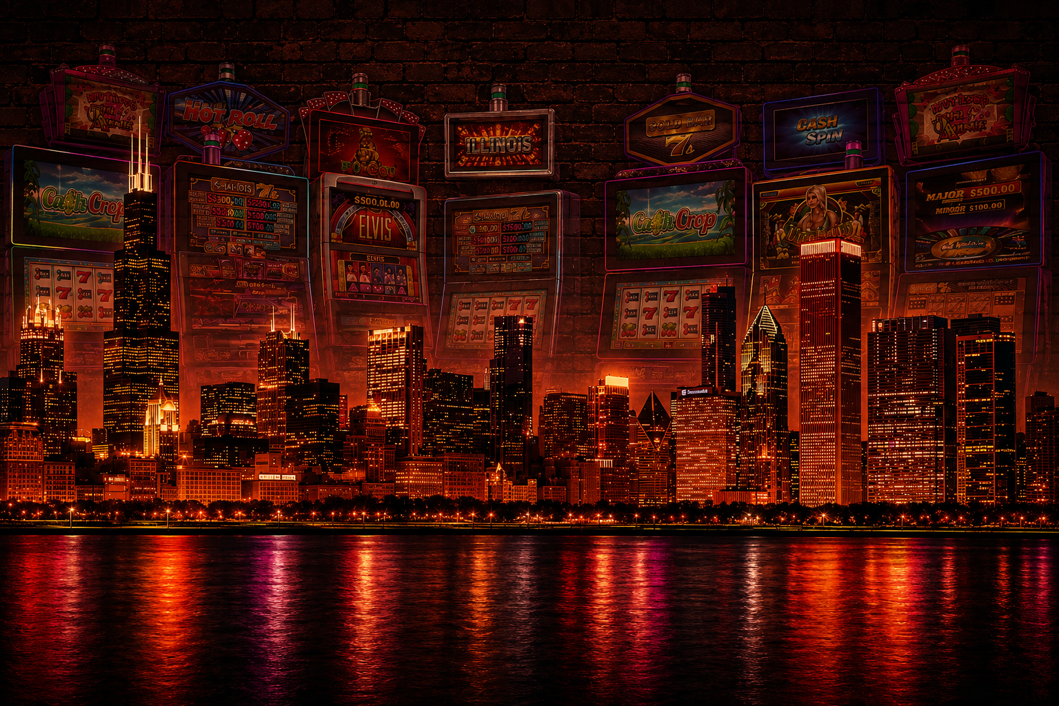 Nighttime city skyline with illuminated skyscrapers reflecting on water, overlaid with images of slot machine screens and casino games projected on a brick wall.