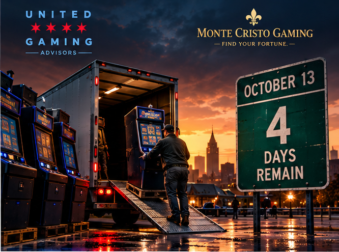 Workers loading skill-game machines into a truck at dusk beside a road sign reading October 13, 4 days remain