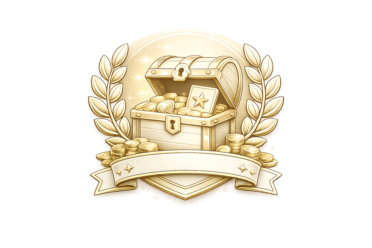 Gold treasure chest filled with gold coins, with a star emblem, surrounded by laurel branches, and a blank ribbon banner beneath.