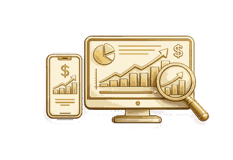 Digital financial analysis icons on screens, featuring charts, graphs, and a magnifying glass