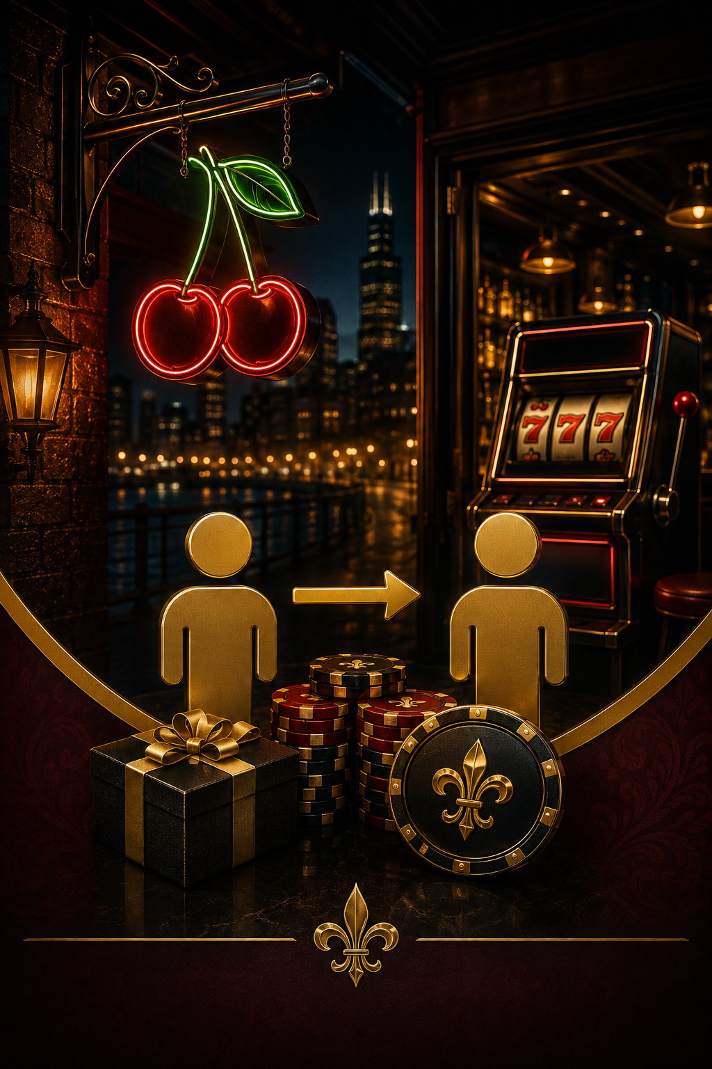 Neon cherry sign above two gold human icons with an arrow pointing from the left to the right, poker chips, a gift box, and a slot machine in a luxurious casino setting at night with city skyline in the background.
