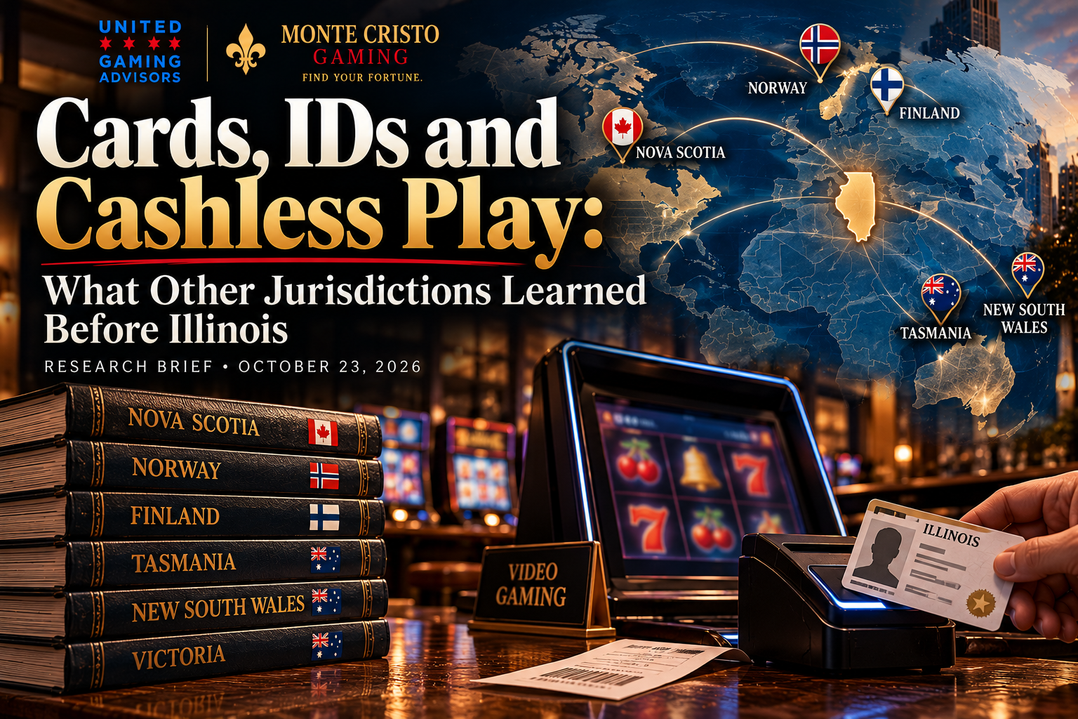 Research brief cover: Cards, IDs and Cashless Play, What Other Jurisdictions Learned Before Illinois. A world map highlights Nova Scotia, Norway, Finland, Tasmania, New South Wales and Illinois beside a video gaming terminal scanning an Illinois ID.