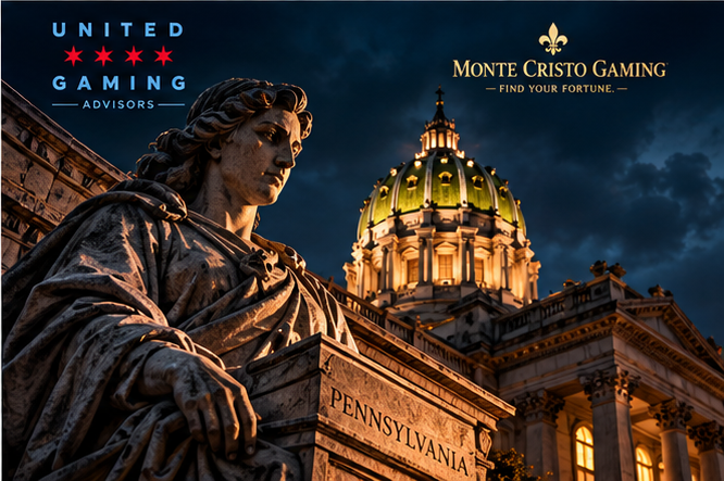 Statue beside the Pennsylvania State Capitol dome at dusk, with the word Pennsylvania carved on its base