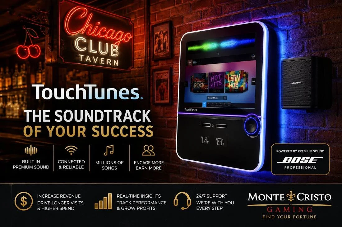 Promotional poster for TouchTunes, an interactive music jukebox with a digital touchscreen, featured in a bar or tavern. The poster highlights features like built-in premium sound, connected reliability, millions of songs, and earning opportunities, with logos of Bose Professional and Monte Cristo Gaming.