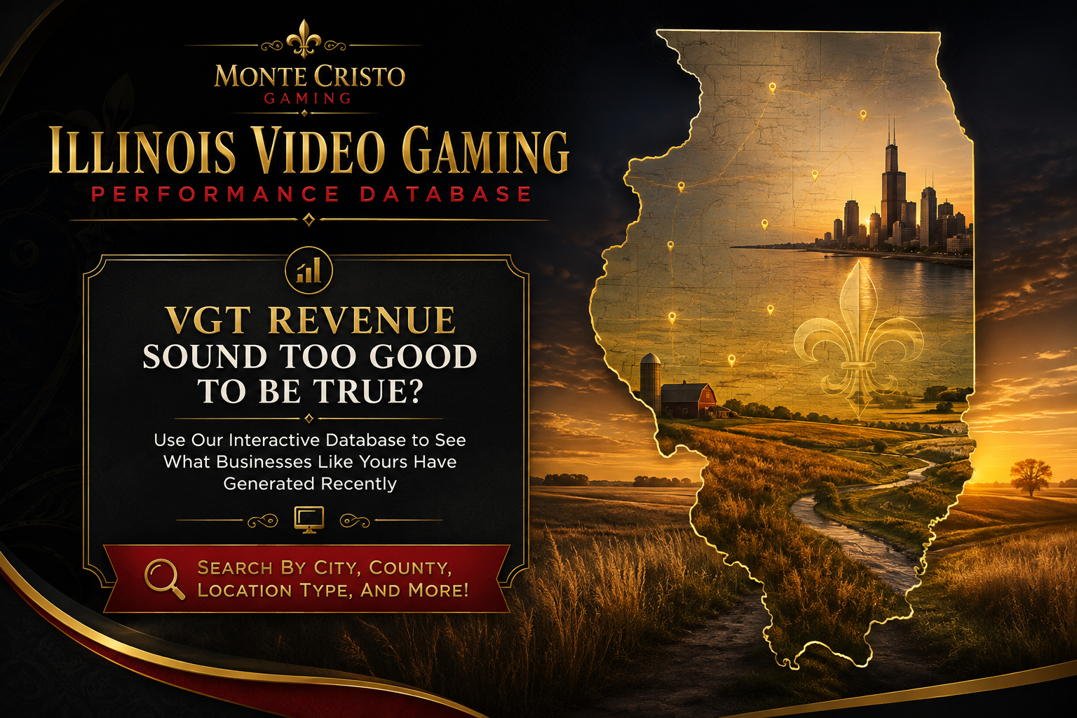 Advertisement for Illinois video gaming performance database by Monte Cristo Gaming, featuring a map of Illinois with city markers, an Illinois skyline, and a farm landscape at sunset, with gold and red text highlighting revenue insights and search options.