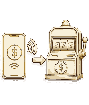 Illustration of a smartphone with a dollar sign and Wi-Fi symbol, transferring data to a slot machine with three sevens and a dollar sign.