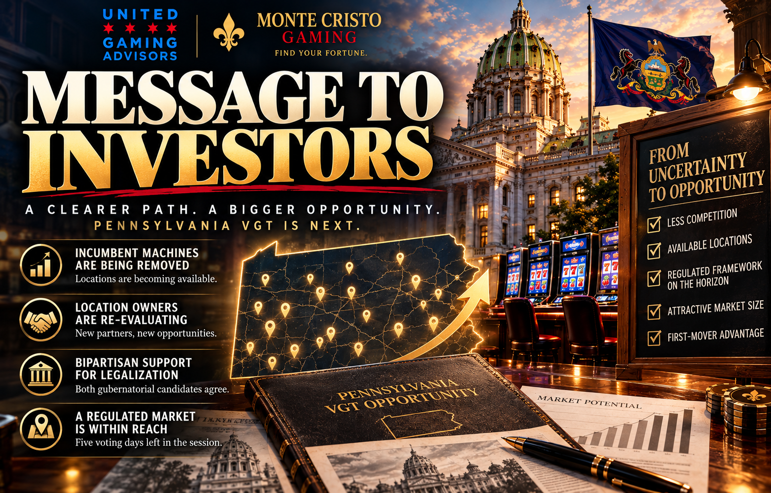 Message to Investors: Pennsylvania VGT opportunity as incumbent machines are removed, United Gaming Advisors and Monte Cristo Gaming