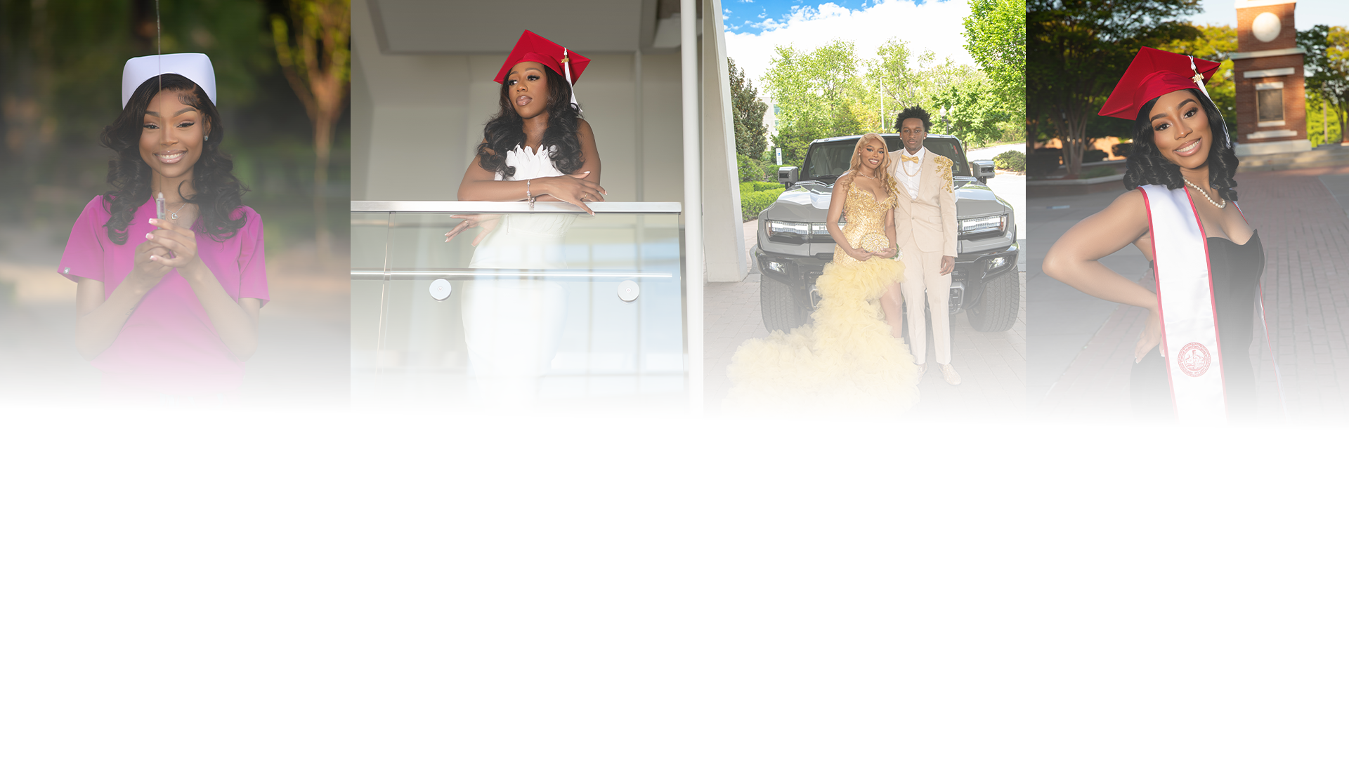 Composite of four photos: a young woman in purple scrubs holding a syringe outdoors, a young woman in a white gown with a red graduation cap indoors, a couple in formal attire posing with a black truck outdoors, and a young woman in a black dress with a red graduation cap outdoors.