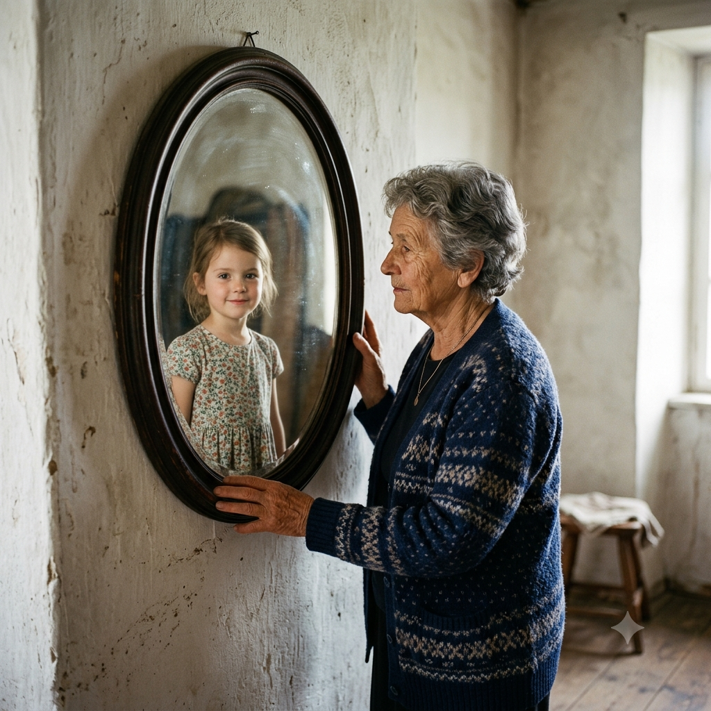 An elderly woman with gray hair looking at a young girl smiling in a mirror.