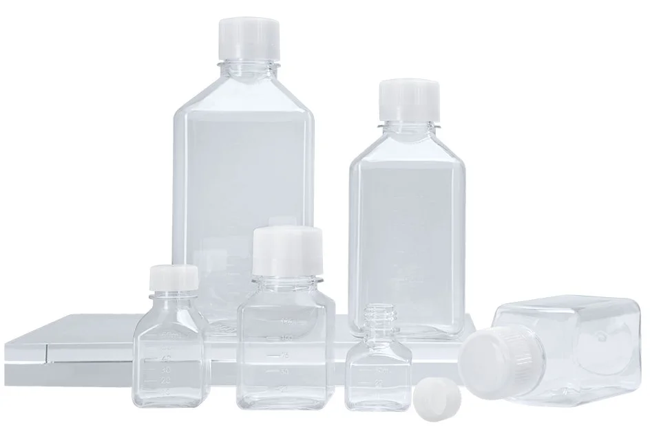 PET Square Media Bottles, Sterile, Tray Packed with HDPE Caps