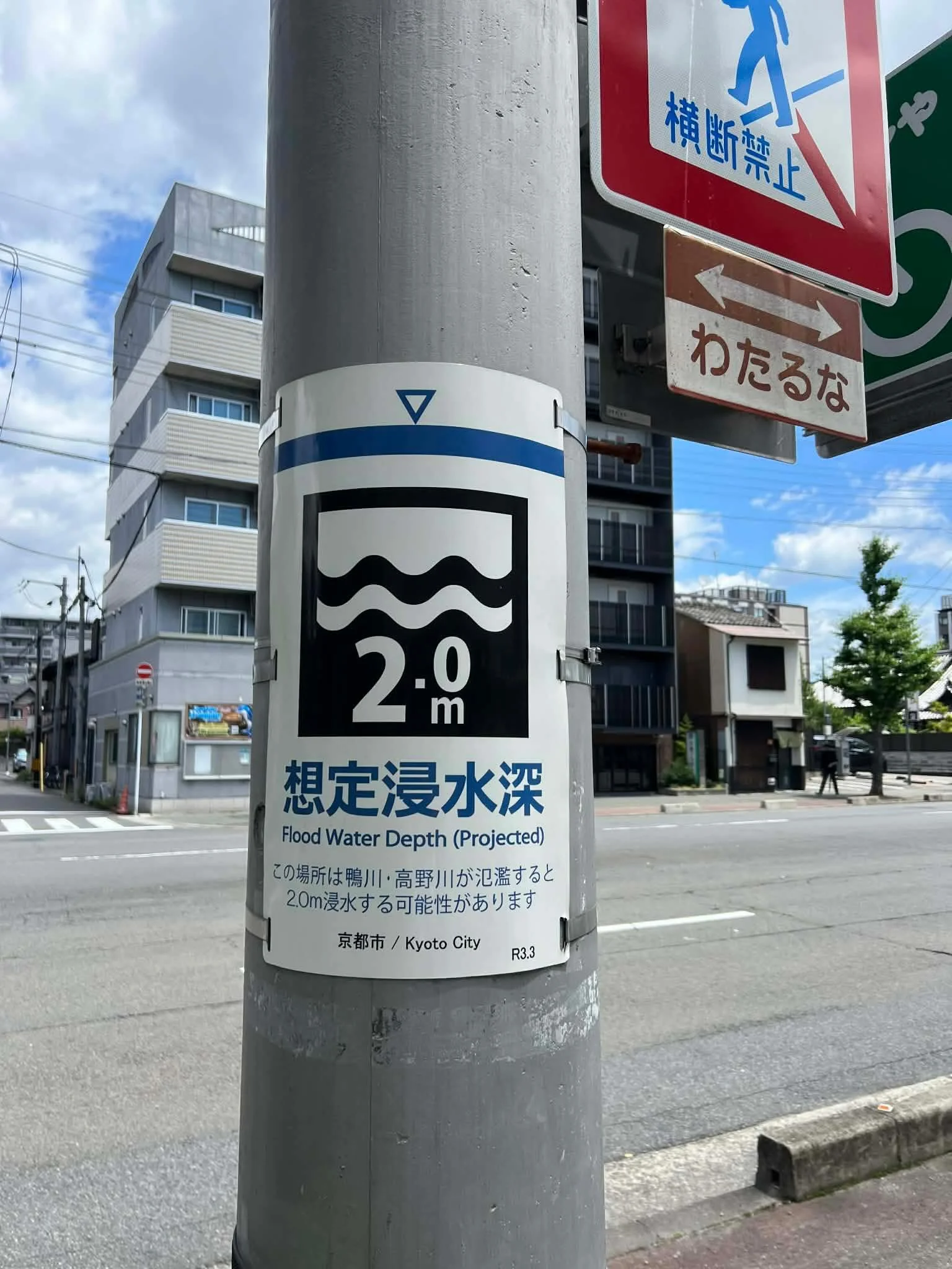 Should New Zealand have flood depth signs like this?

This sign shows the modelled flood depth if the nearby river overflows

Standing next to a 2 metre marker makes it much easier to picture possible flood depths