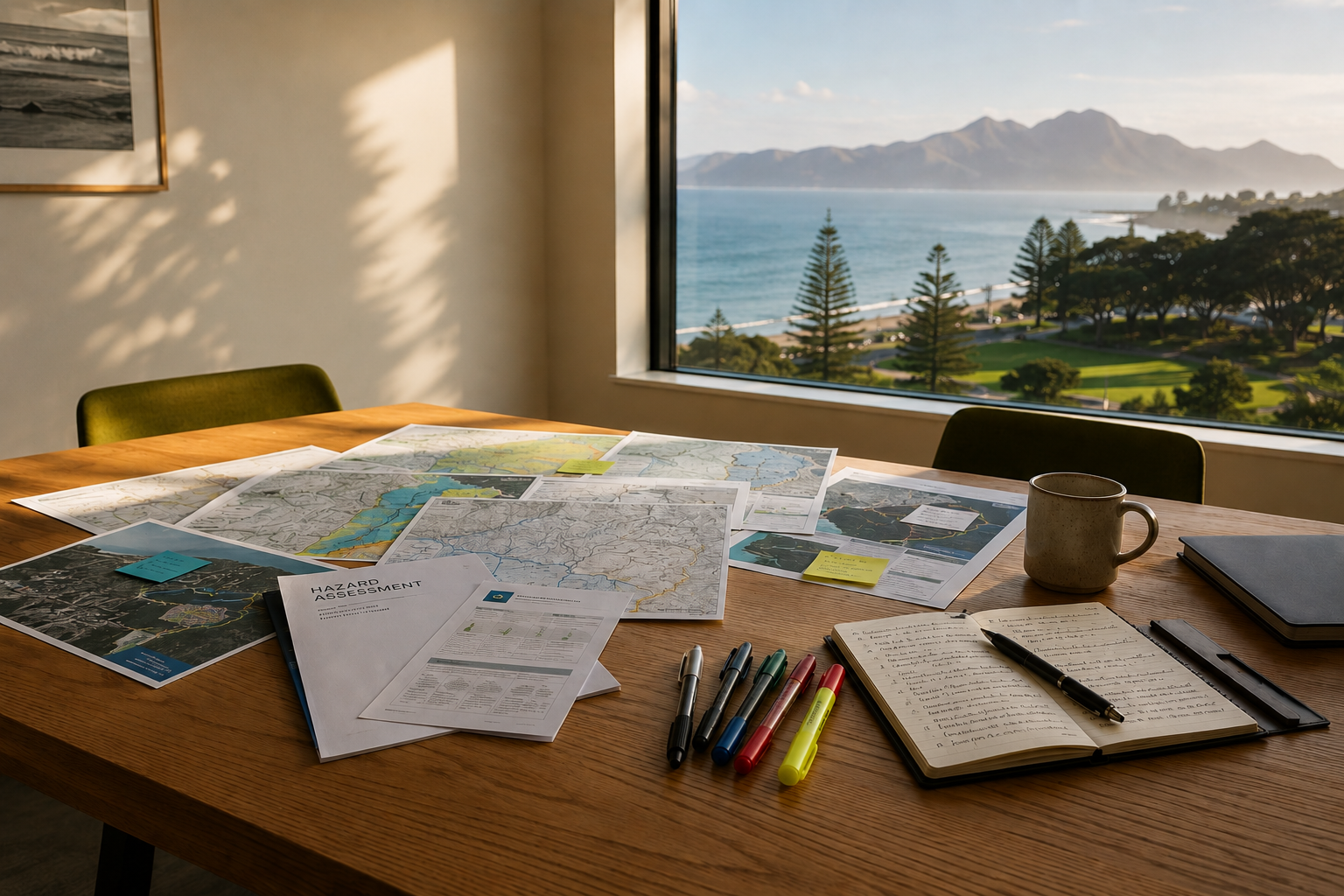 A meeting room with a wooden table covered with natural hazard maps, notepads, and pens, beside a large window showing a coastal scene with mountains, trees, and a park.