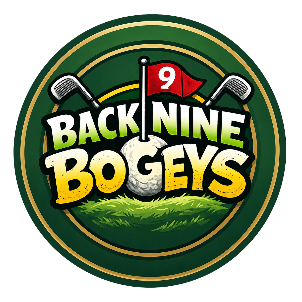 Golf logo for Back Nine Boys, featuring two golf clubs, a flag with the number 9, a golf ball, and a grassy area on a green background.