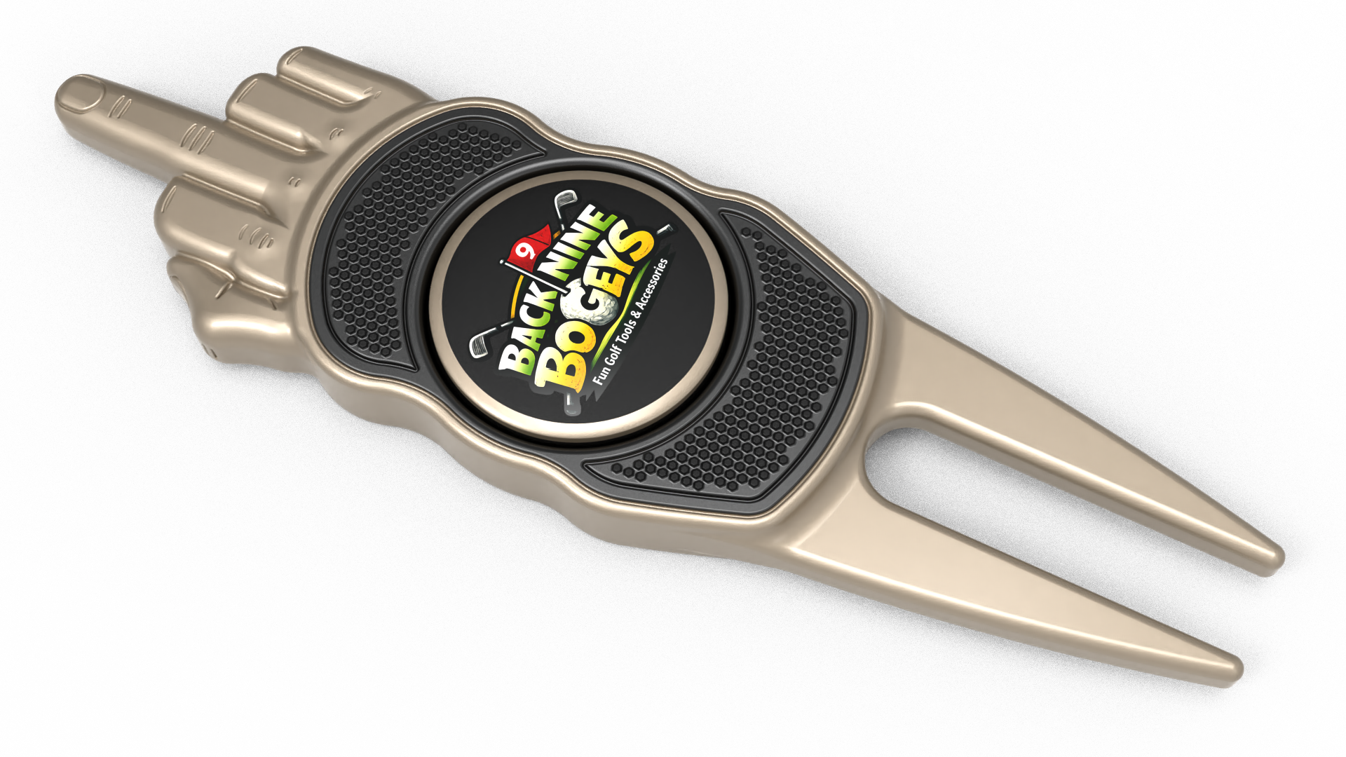 Golf club divot repair tool with a circular logo in the center that reads 'Back Nine BoS' and features golf balls and clubs.