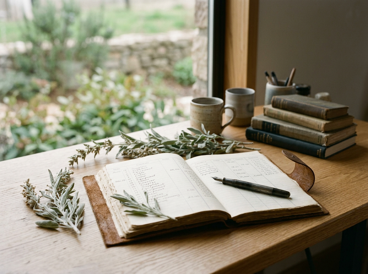 Open ledger with sage, books, cups, and pens on wooden desk near window with greenery outside.