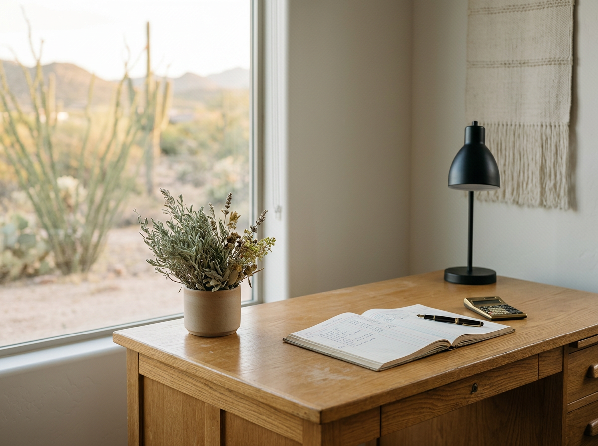 A wooden desk near a window with a view of desert plants, featuring a potted plant, an open notebook with handwritten notes, a black pen, a small black desk lamp, and a calculator.