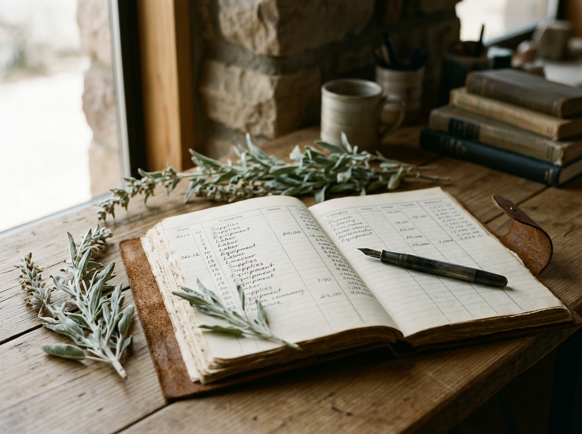 Open vintage ledger book on a wooden table with handwritten entries, a fountain pen resting on it, sprigs of sage, a mug, and stacked books in the background.