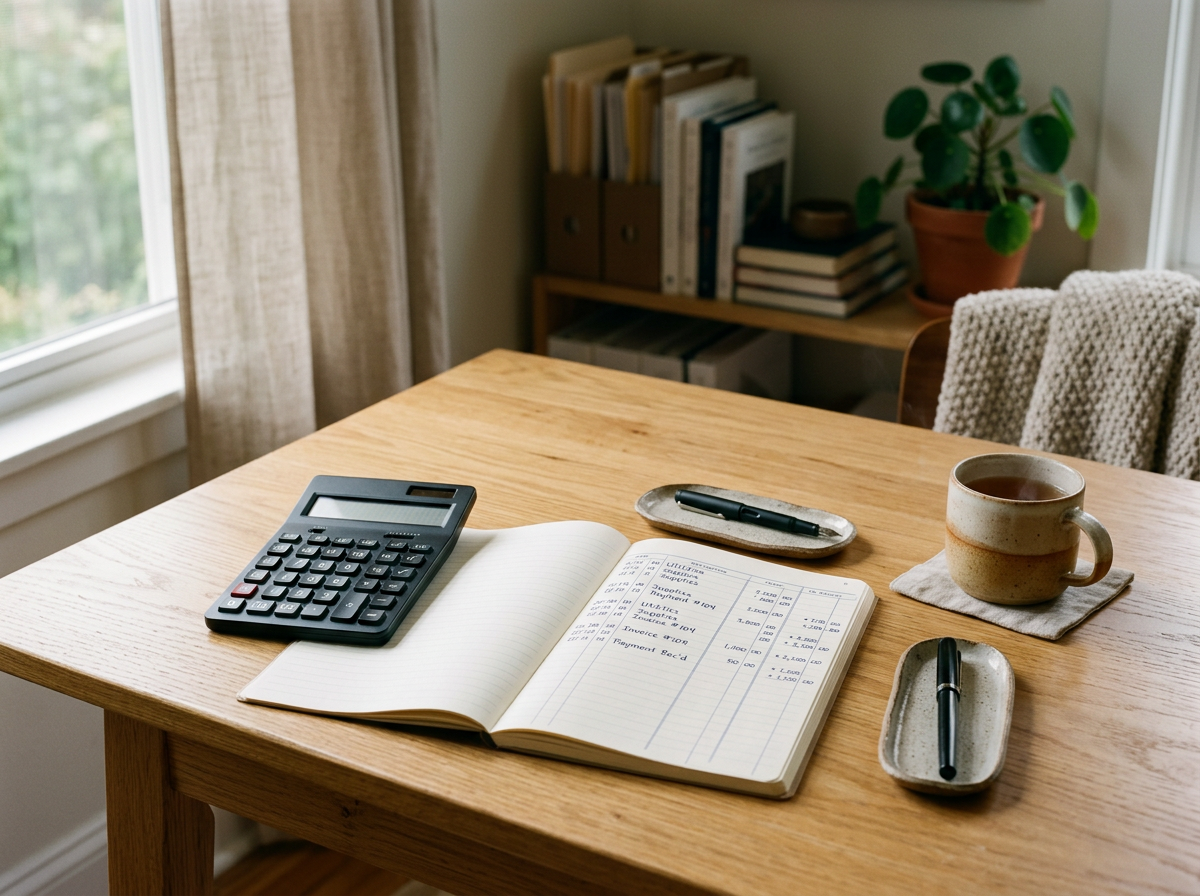 A wooden desk with a calculator, an open ledger or planner, a black pen on a small dish, a cup of tea or coffee on a napkin, and a second pen in a small dish. In the background, there is a window with beige curtains, a shelf with books, folders, and a potted plant.
