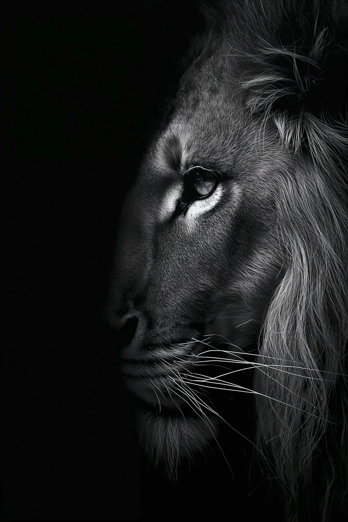 Black and white AI-generated lion portrait, Wild Souls digital art print