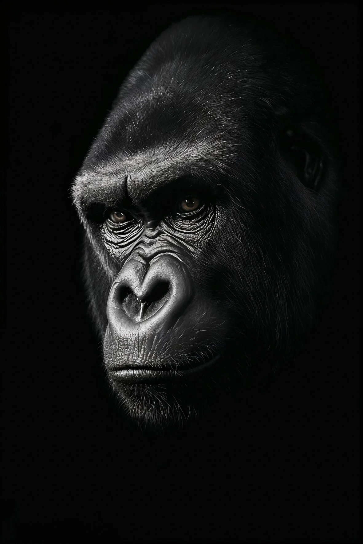 Black and white AI-generated gorilla portrait, Wild Souls digital art print