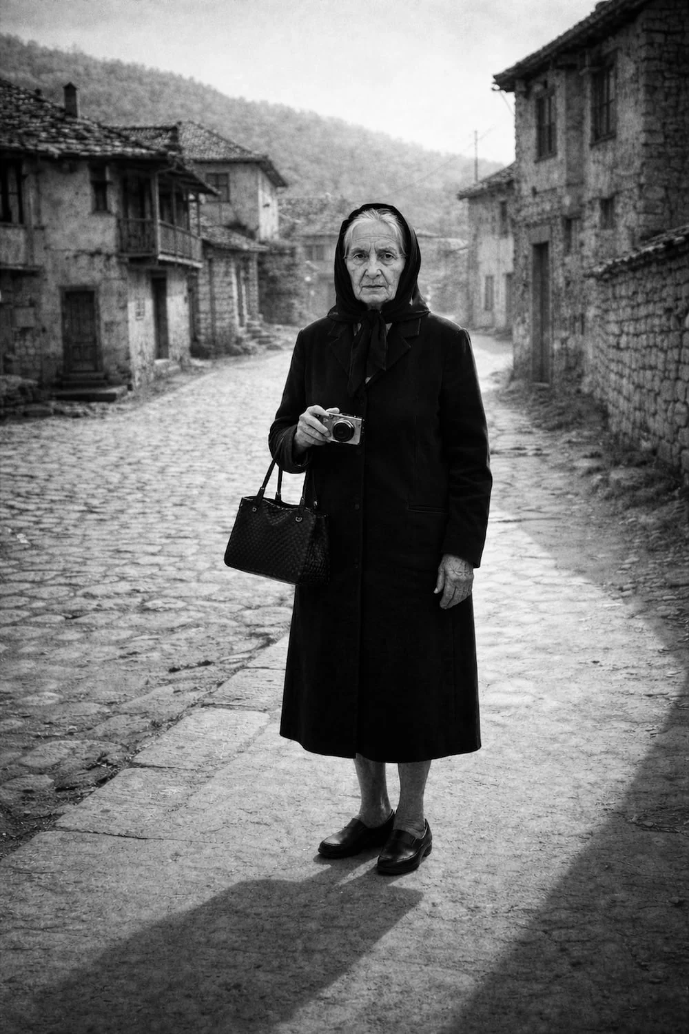 Elderly woman in headscarf looking directly at camera, black and white street portrait