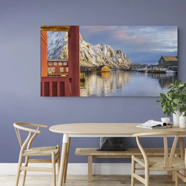 Lofoten harbor photography print displayed in dining room interior