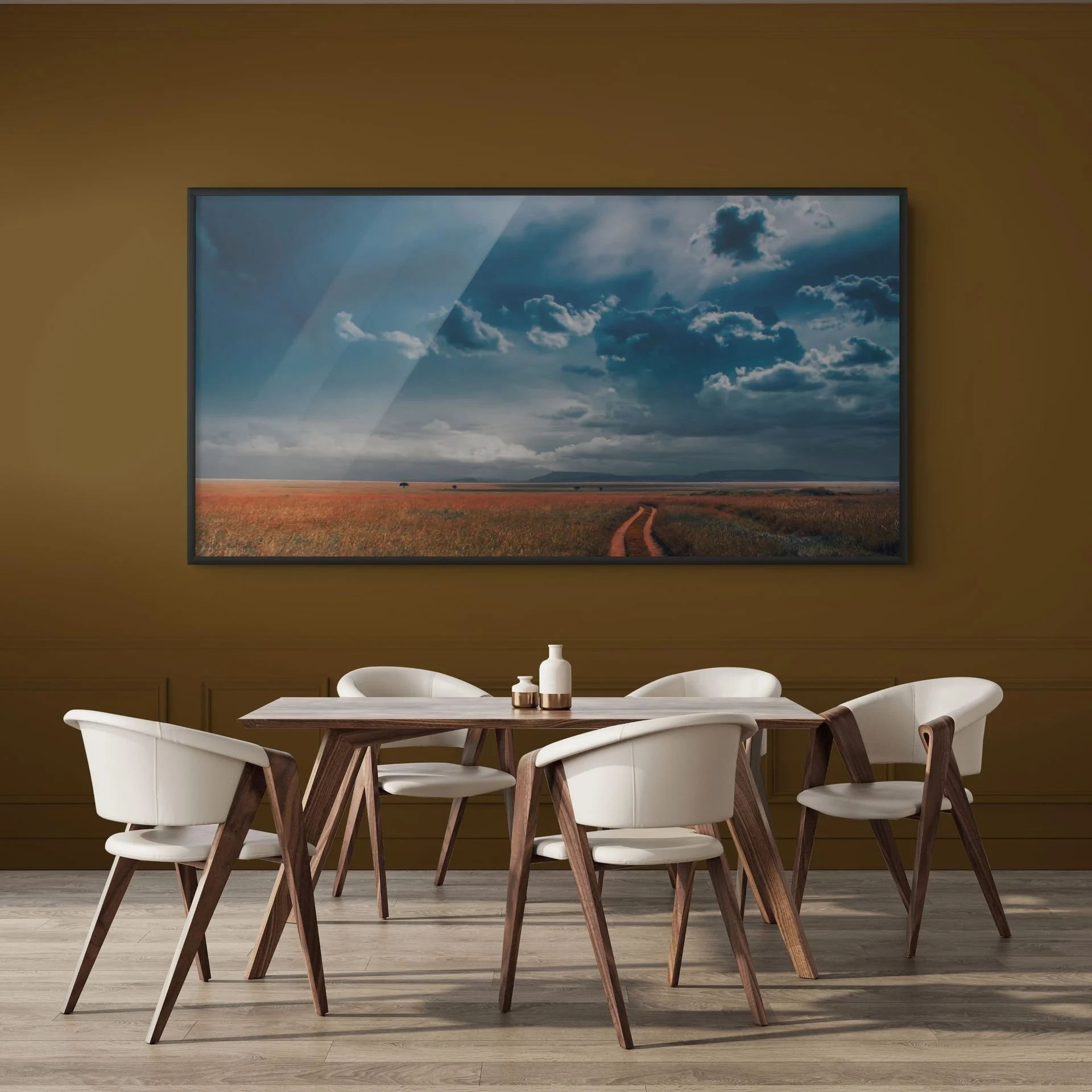 African savanna landscape with stormy sky hung in a dining room, wall art