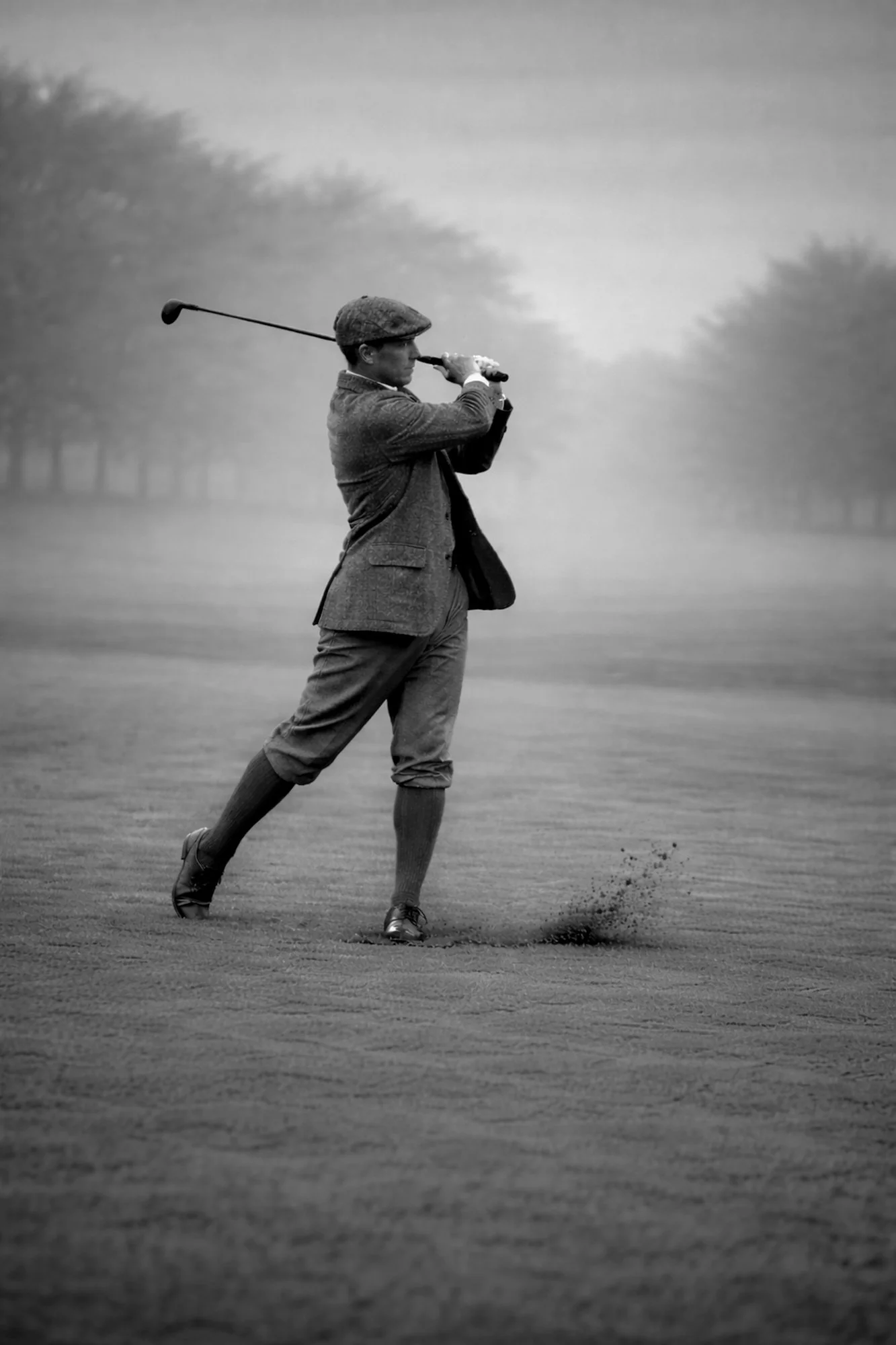 Black and white AI-generated vintage golf print, golfer mid-swing in morning fog, wall art for a home office