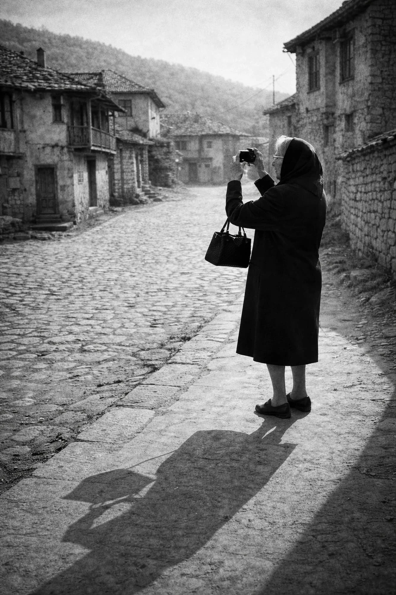 Elderly woman photographing a cobblestone street from behind, black and white fine art print