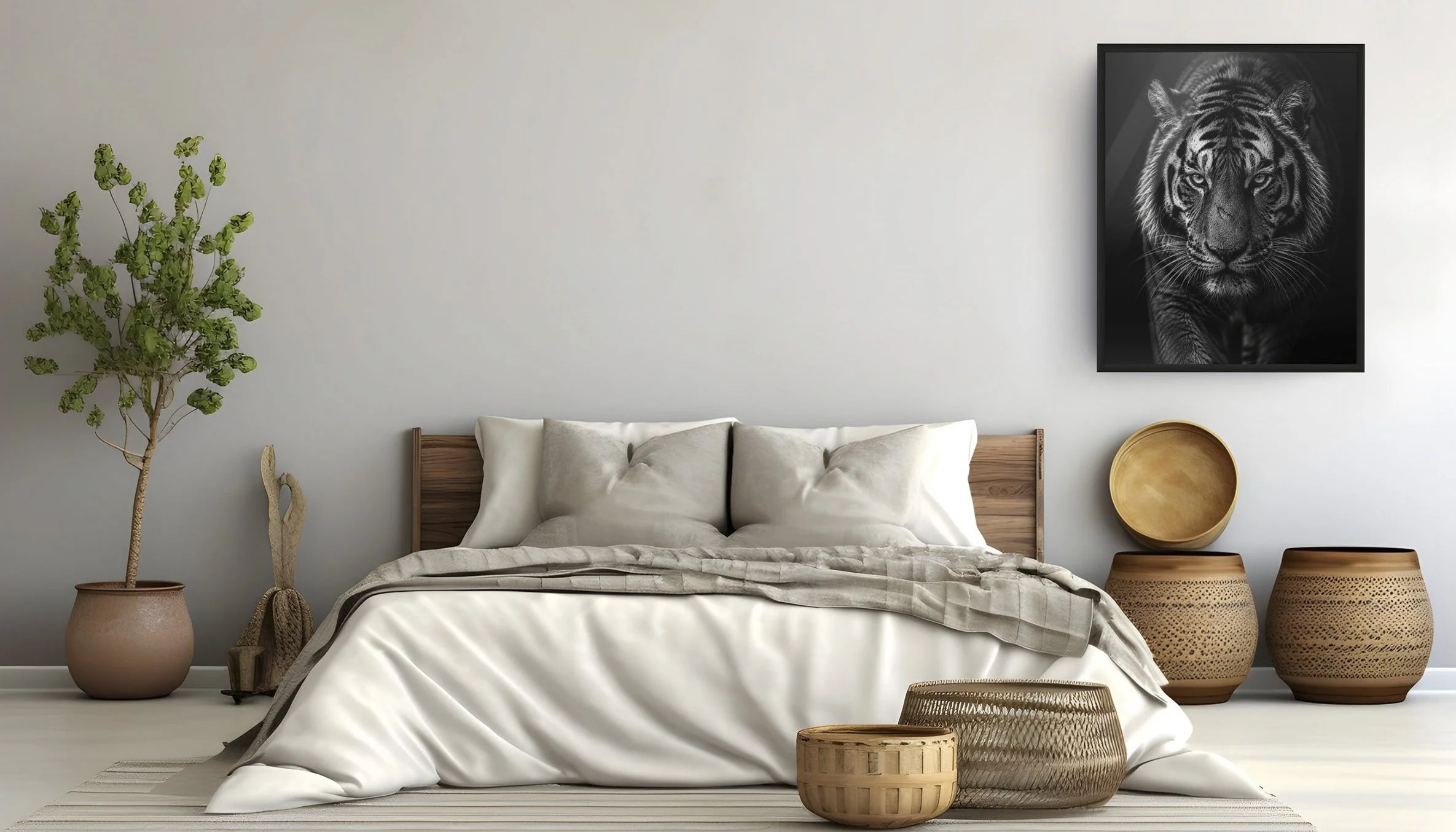 Black and white fine art tiger portrait framed on a bedroom wall, fine art photography print by Erwin Floor