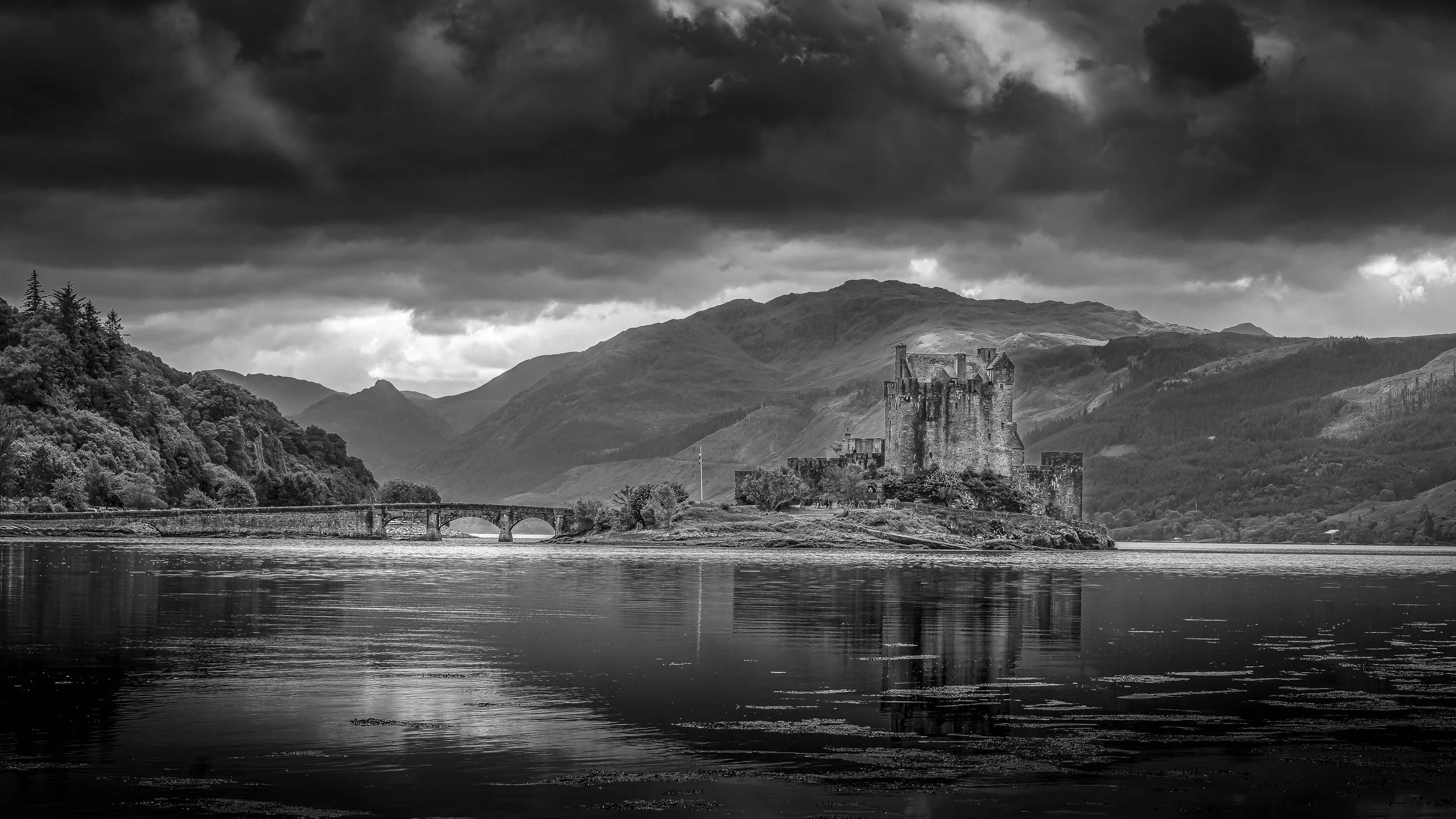 Eilean Donan Castle and loch black and white landscape print, Scottish Highlands
